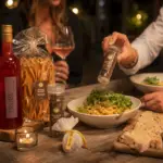 Person seasons a pasta dish with pepper over a rustic table with wine, bread, and spices nearby.