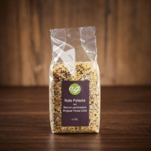 Plastic bag of seasoned red polenta grains with herbs on a wooden surface; label reads 'Rote Polenta mit Marroni und Kräutern, Original Ticino Linie'