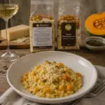 Creamy pumpkin risotto with herbs in a white bowl on a wooden table; two packaged risotto mixes and a wine glass in the background.