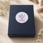Navy gift box with a round gray sticker reading 'FÜR MAMA' and a simple family drawing on a beige surface.